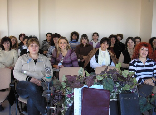 Seminar of ladies that Cherie taught in Bulgaria, with Bulgarian and English Bibles
